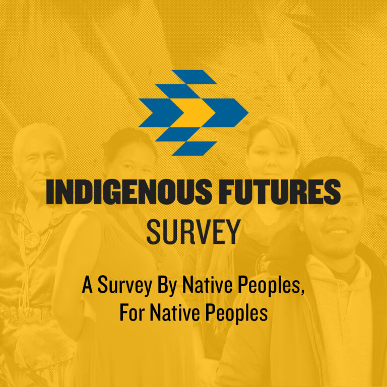 Yellow square with Indigenous Futures Survey logo, text that says "A Survey By Native Peoples, For Native Peoples", and four indigenous people standing in the background